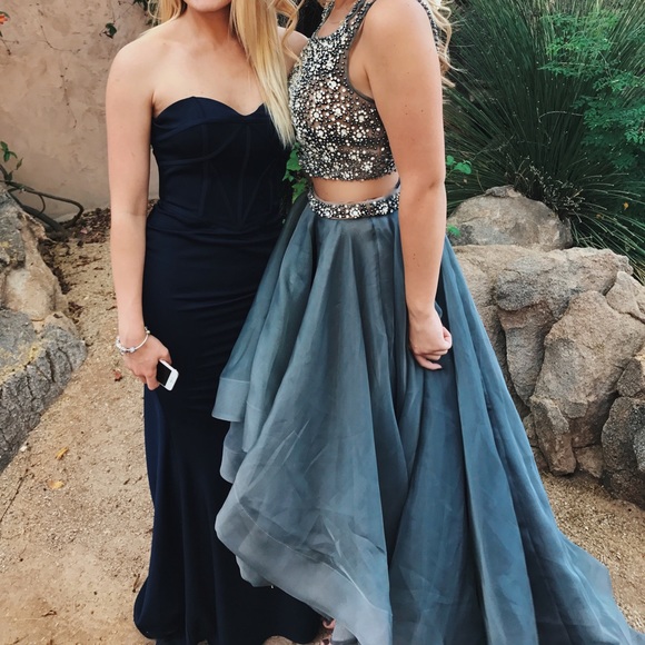 Long and Sparkly Gray Two-Piece Prom Dress - Picture 3 of 6